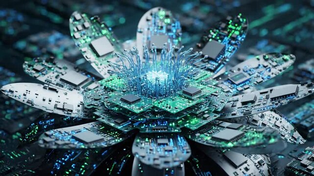 Electronic circuit board diodes glowing softly in sync with A 20 second abstract loop effect technology style featuring technology,