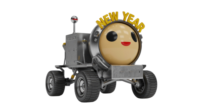 A cheerful 3D robot rover with a smiling face wishes "NEW YEAR". This cute metallic character is perfect for holiday greetings. background removed - Powered by Adobe