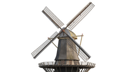Obraz premium Classic wooden windmill with large sails and a thatched body, featuring an observation platform, isolated on a clean transparent background. background removed