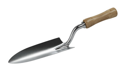 Obraz premium A shiny metallic gardening trowel with a natural wooden handle, ready for planting and digging tasks. Isolated on a transparent background. background removed