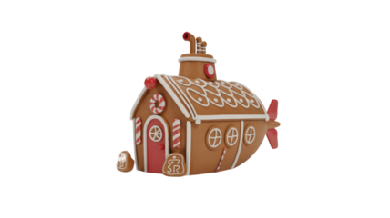 A whimsical 3D render of a gingerbread submarine, intricately decorated with white icing, candy canes, and festive details, perfect for holiday cheer. background removed