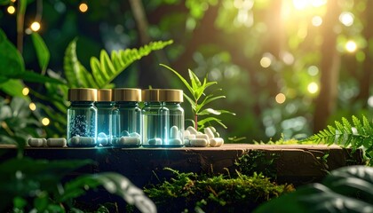 Natural medicine concept with pills and vials in green forest setting.