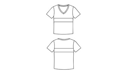 Technical flat sketch of a mens vneck tshirt with horizontal stripe detail on chest and back view