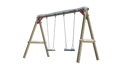 A wooden double swing set, lightly dusted with snow on its frame and seats, stands empty on a transparent background. background removed