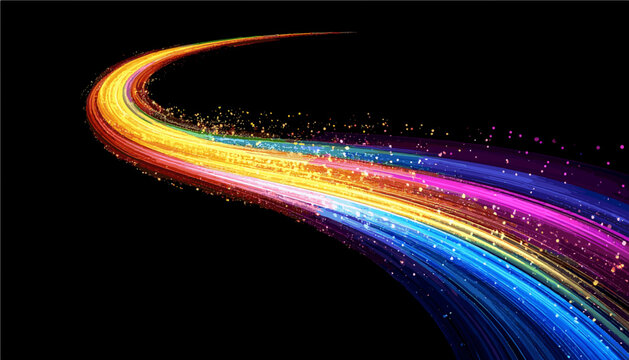 Colorful glowing light streak curve with particle effects, magic rainbow swoosh trail transparent PNG SVG 