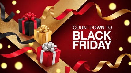 Festive black friday countdown with elegantly wrapped gift boxes and shimmering ribbons on a rich red background with bokeh lights