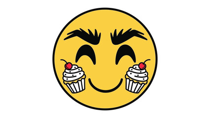 Sweet Emoji Delight: A cheerful yellow emoji is adorned with delightful cupcake, adding a touch of sweetness and playful fun to a simple design. Capturing joyful expression
