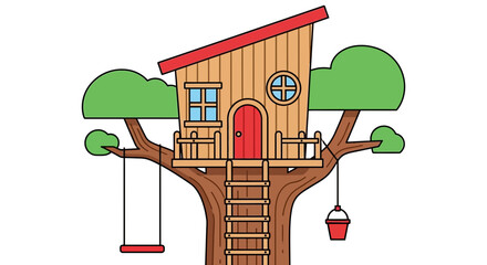 Illustration of a treehouse with swing ladder and bucket drawing