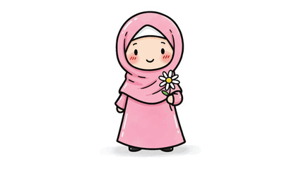 Modest Bloom: An endearing illustration of a cartoon girl. The character exudes a sense of peace with a sweet flower in hand.