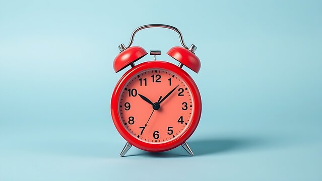 Red alarm clock on soft blue background, minimalistic and clean with copy space.