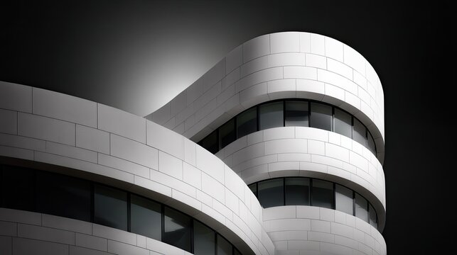 Modern architectural design of a curved building with sleek white panels and large glass windows against a dark background