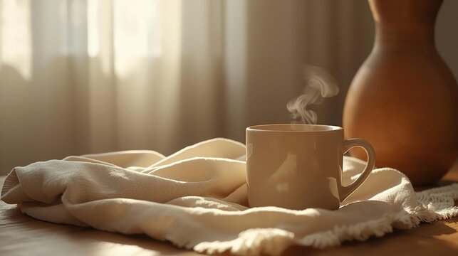 Morning coffee steaming gently in warm sunlight, perfect for a cozy break and relaxing, bringing a sense of calm and peace, ideal for lifestyle blogs