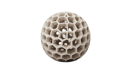 A spherical, geometric object with a honeycomb pattern, rendered in a light, porous material. Its intricate hexagonal lattice creates an abstract, modern design. background removed