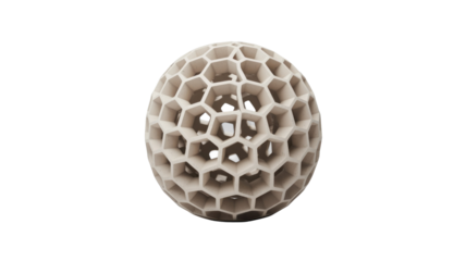 A spherical, geometric object with a honeycomb pattern, rendered in a light, porous material. Its intricate hexagonal lattice creates an abstract, modern design. background removed