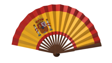 A vibrant Spanish flag hand fan, partially open, displaying the national coat of arms in red and yellow with a wooden base. background removed