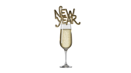 A sparkling champagne flute with a golden 'NEW YEAR' decoration, ready for celebration. Perfect for festive greetings and holiday designs. background removed