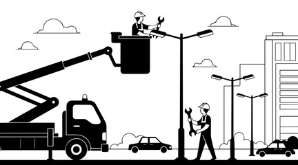 Two construction worker repair street light pole using bucket truck and wrench in city environment, black and white vector illustration