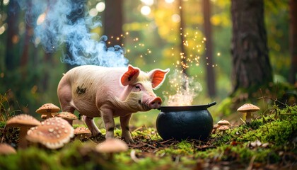 Pig with a cauldron in forest with mystical, fantasy, magic, and woodland.