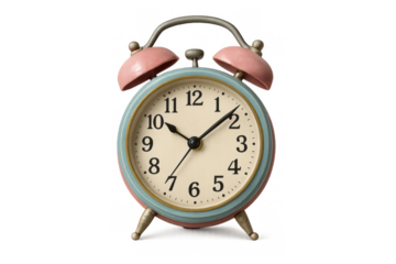 Vintage alarm clock showing time with pastel colors. Retro wake up call for morning deadlines and time management on transparent background