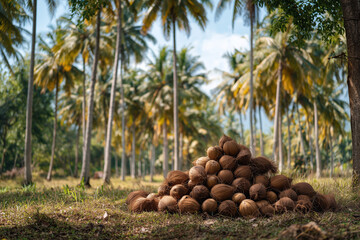Pile of coconuts under palm trees in a tropical landscape