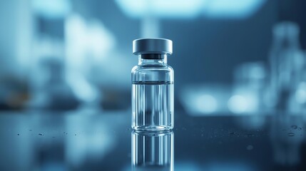 Modern vaccine vial with clear liquid for medical research and healthcare innovation against diseases in a clean, sterile lab environment reflecting hope