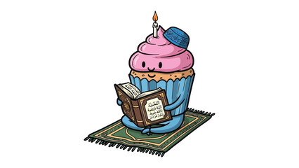 Cupcake Reading a Book: An animated cupcake, adorned with a candle and a cap, engrossed in reading a book while seated on a patterned prayer rug, symbolizing learning and faith.