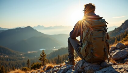 Serene mountain view individual on rock gazing at nature s grandeur individual enjoys panoramic mountain views while seated peacefully on large rock formation