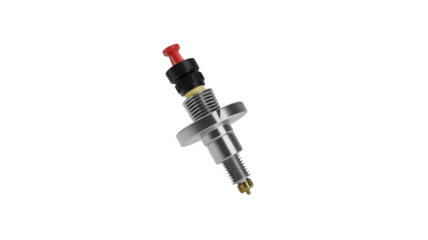 A precision-engineered metallic sensor or valve component with threads, a flange, and a red cap, isolated on a solid transparent background. background removed