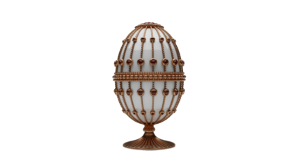 An exquisite ornamental egg, possibly a Faberge-style creation, featuring a white body intricately adorned with elaborate golden filigree, studs, and a decorative base. background removed