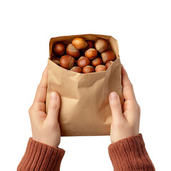 Human Hands Holding Paper Bag with Hazelnuts on Transparent Background