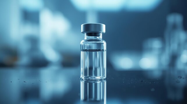 Modern vaccine vial with clear liquid for medical research and healthcare innovation against diseases in a clean, sterile lab environment reflecting hope