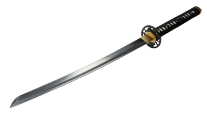 A classic Japanese katana sword with a polished steel blade, black wrapped handle, and an ornate tsuba, isolated on a transparent background. background removed