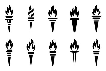 Collection of ten black and white torch icons with flames