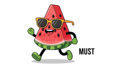Cool Watermelon Run: A playful watermelon character, sporting stylish sunglasses, embarks on a joyful run, perfect for summer fun, embodying the vibrant essence of healthy living.