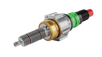 Close-up of a precision engineered mechanical component, featuring metallic, brass, and plastic parts with markings, a corrugated section, and a red cap. background removed