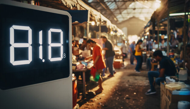 Modern technology meets traditional culture. A digital display stands in contrast to a busy market scene, symbolizing progress, data, or cost of living.