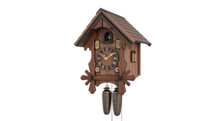 A beautifully detailed traditional wooden cuckoo clock featuring Roman numerals, intricate carvings, and classic pinecone weights, set against a transparent background. background removed