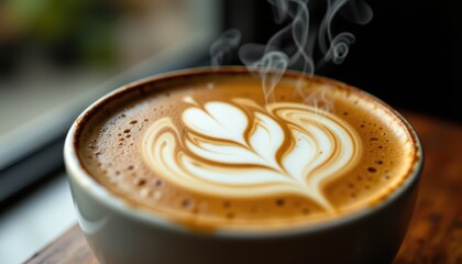 Coffee cup with heart latte art design warm cup of coffee featuring intricate heart shaped latte art perfect for cozy moment