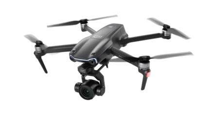 A sleek, dark gray quadcopter drone with four propellers and an attached gimbal camera. Designed for aerial photography and videography, featuring advanced flight capabilities. background removed