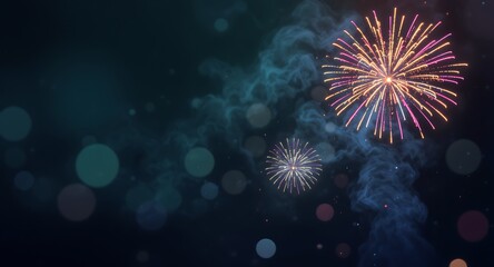 Fototapeta premium Vibrant orange and white fireworks explode in a dark night sky with soft bokeh lights and subtle blue smoke effects