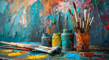 Artistic still life with paintbrushes and colorful paint bottles on a vibrant background
