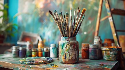 Close up of a jar filled with paintbrushes on a colorful art studio table