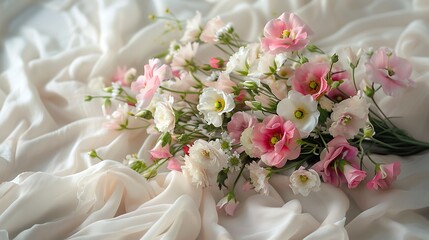 Obraz premium Soft pink and white flower bouquet on flowing fabric