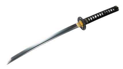 A traditional Japanese katana sword, featuring a sharp, polished blade, golden habaki, black tsuba, and intricate black wrapped handle. background removed