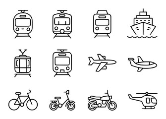 Collection of Transportation Icons Trains, Planes, Ships, Bikes, and More