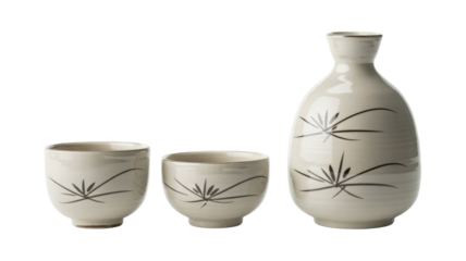Elegant Japanese ceramic sake set featuring one tokkuri carafe and two matching ochoko cups with delicate dark brushstroke patterns, isolated. background removed