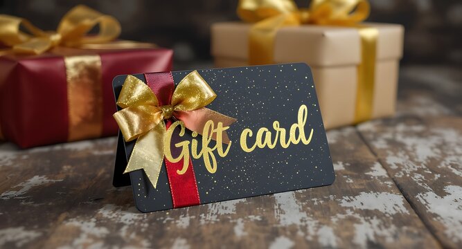 Elegant black gift card with gold lettering and a festive ribbon sits on a rustic wooden surface surrounded by wrapped presents