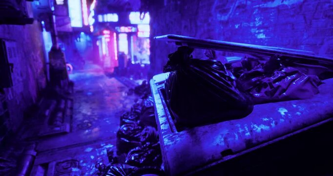 A dimly lit urban alleyway is illuminated by vibrant neon lights. A dumpster overflowing with trash sits in the foreground amid wet pavement reflecting city colors.