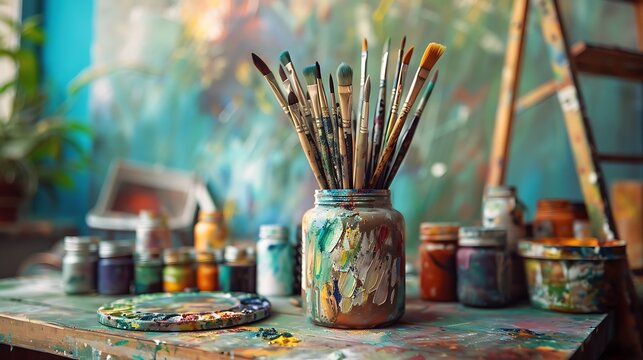 Close up of a jar filled with paintbrushes on a colorful art studio table