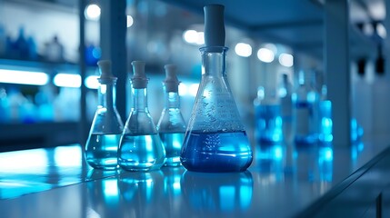 Blue liquid in laboratory flasks on a reflective surface with bokeh lights